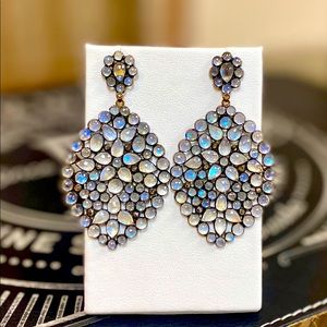 Moonstone & rose cut diamond earrings, sterling w/ 18k gold post dangle earring.